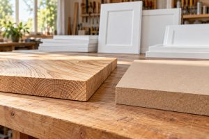 Tấm gỗ tự nhiên có vân và tấm MDF với cạnh sợi mịn trên bàn xưởng